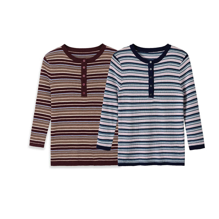 Damen Feinstrick-Henleyshirt mit feiner Streifenstruktur und Knopfblende Echoarchiv