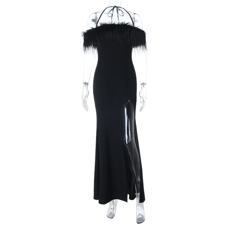 Damen schulterfreies Maxikleid mit Federn und seitlichem Schlitz Echo Archiv