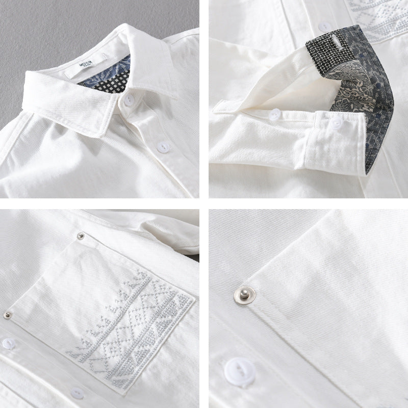 Herren Baumwoll-Overshirt mit Kontrastfutter, Brusttaschen und feiner Stickerei Echoarchiv