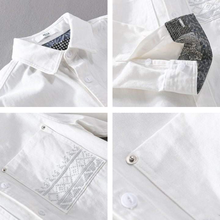 Herren Baumwoll-Overshirt mit Kontrastfutter, Brusttaschen und feiner Stickerei Echoarchiv