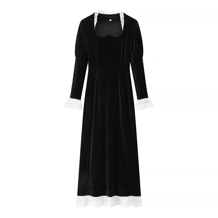 Damen viktorianisches Samt-Maxikleid mit Spitzenkragen, Puffärmeln und taillierter Empirenaht – Valéora