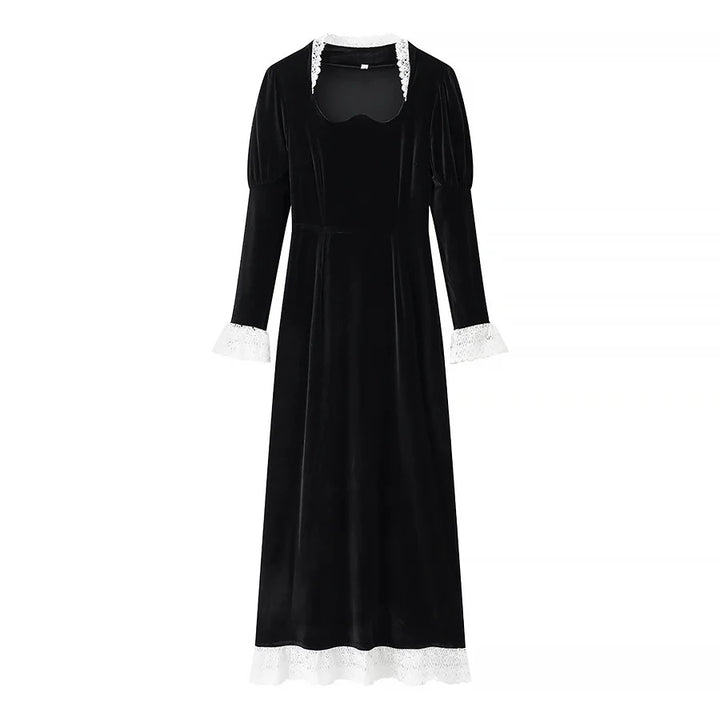 Damen viktorianisches Samt-Maxikleid mit Spitzenkragen, Puffärmeln und taillierter Empirenaht – Valéora