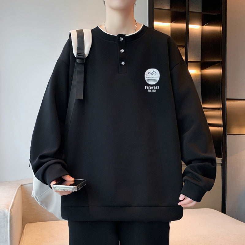 Herren lässiger Langarmpullover mit Knopf und gesticktem Motiv Echoarchiv