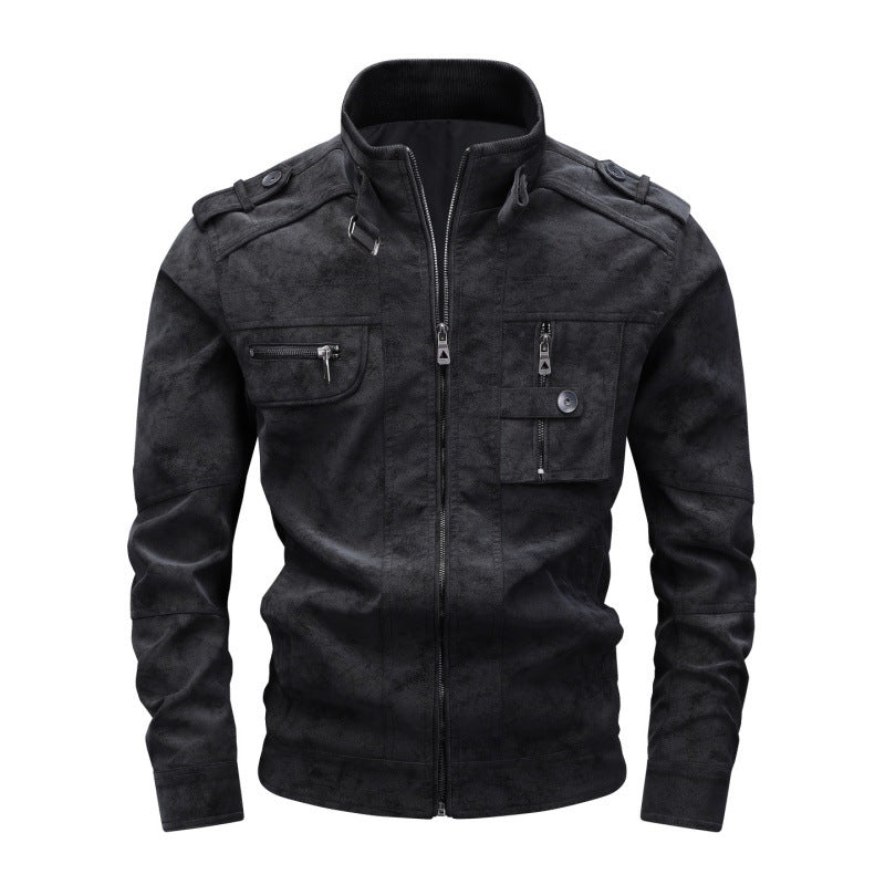 Herren Utility-Lederimitatjacke mit Stehkragen, Schulterklappen und multiplen Brusttaschen Echoarchiv
