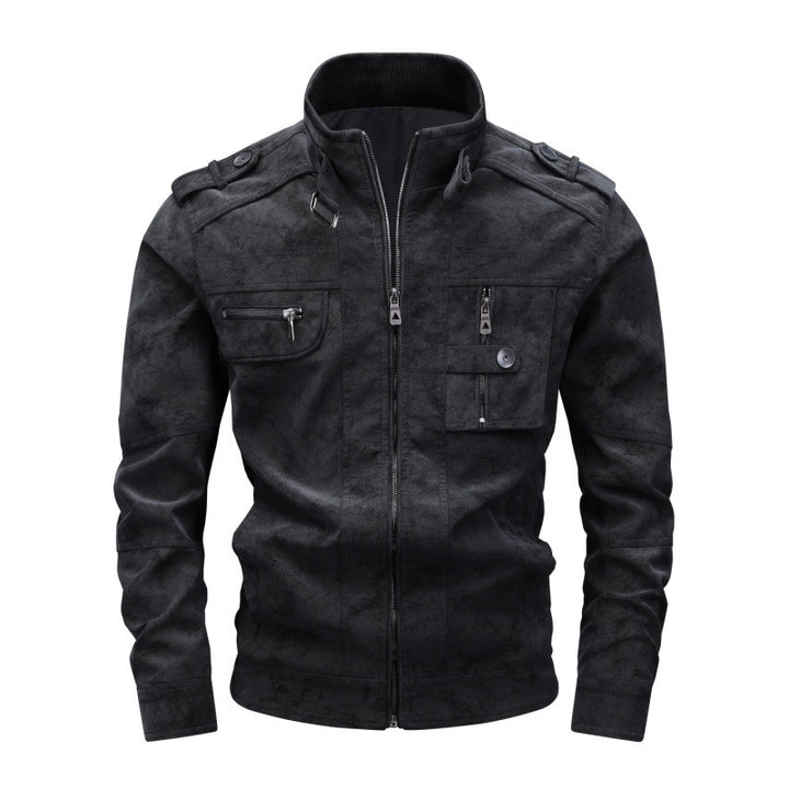 Herren Utility-Lederimitatjacke mit Stehkragen, Schulterklappen und multiplen Brusttaschen Echoarchiv