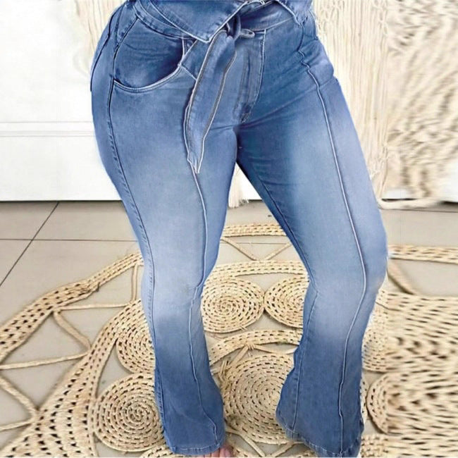 Damen Hochtaillierte Paperbag-Skinny-Jeans mit Bindegürtel und vertikaler Nahtführung Echo Archiv