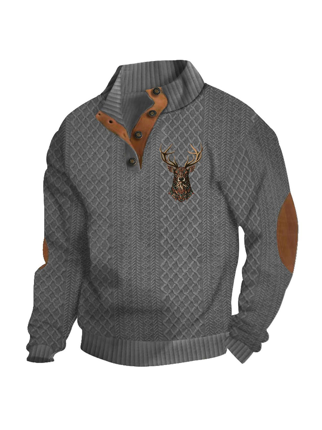 Herren nan Heritage-Strukturpullover mit Stehkragen Lederimitat-Besatz Ellenbogen-Patches und Halbknopfleiste Echo Archiv