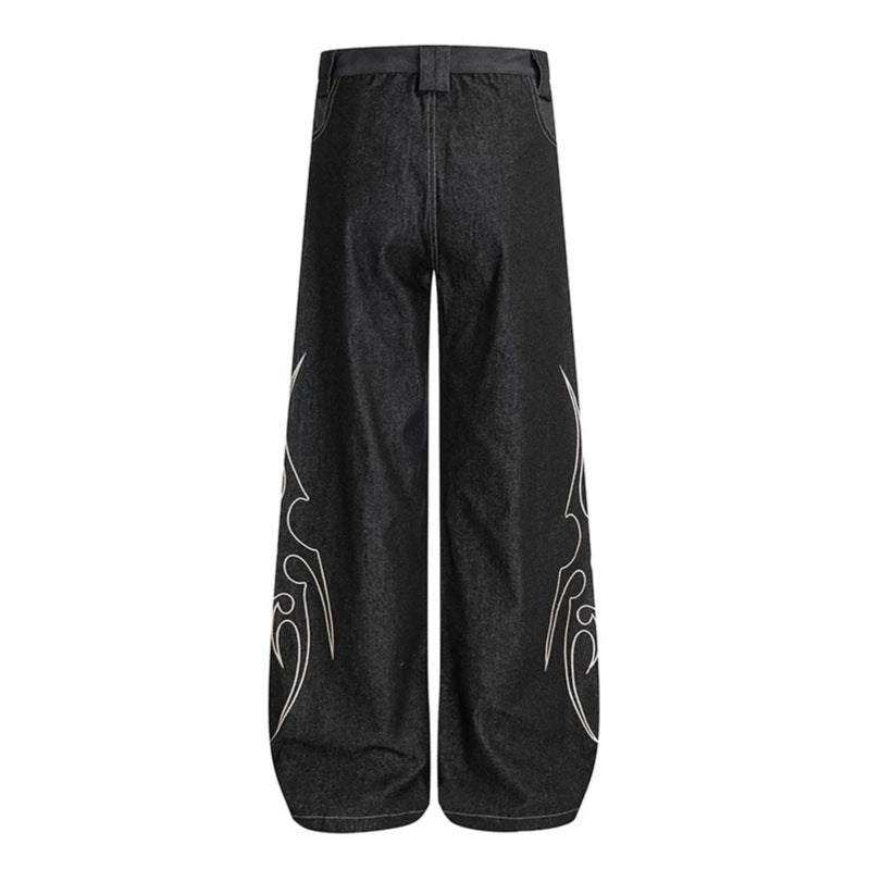 Damen Weite High‑Waist Denim‑Cargohose mit Flammenstickerei und aufgesetzten Taschen Echoarchiv