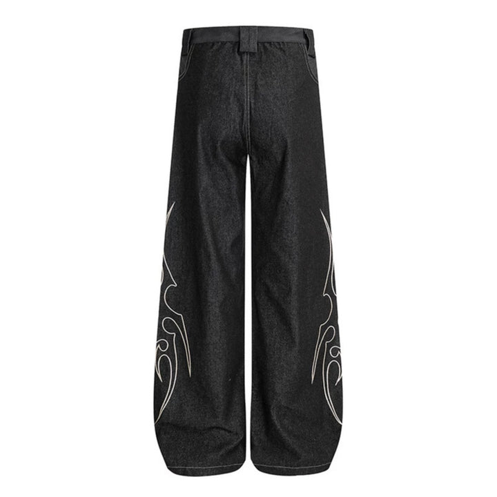 Damen Weite High‑Waist Denim‑Cargohose mit Flammenstickerei und aufgesetzten Taschen Echoarchiv