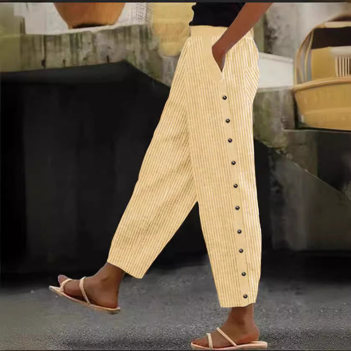 Damen Culotte-Hosen mit hohem elastischem Bund, seitlichem Knopfverschluss und Taschen – Avélisse