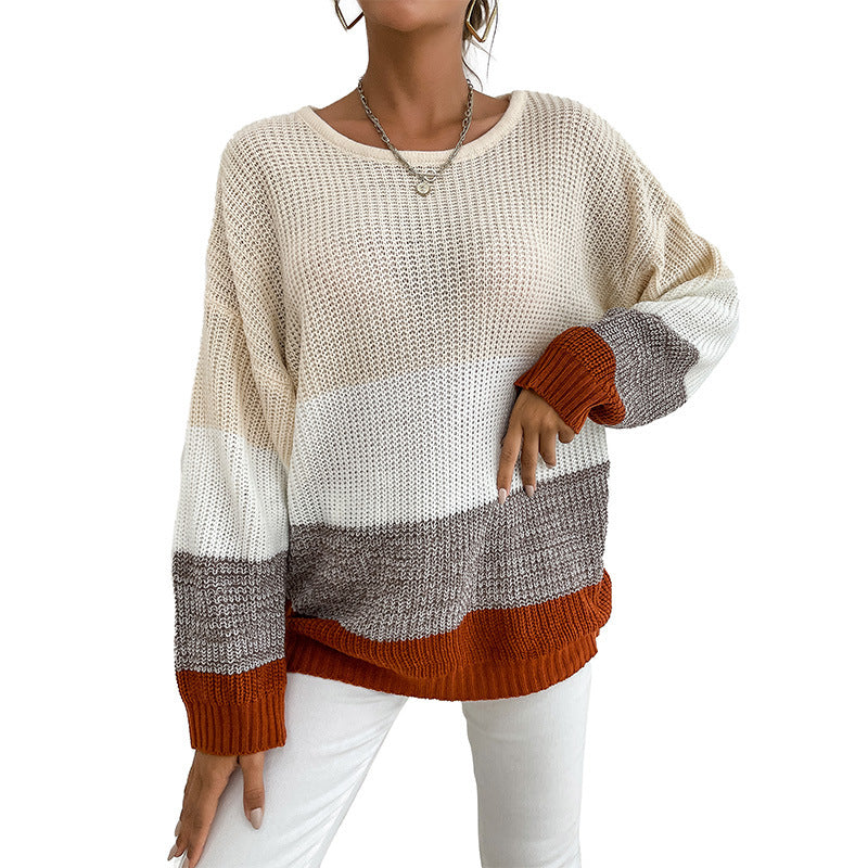 Damen Grobstrick-Colorblock-Pullover, Oversize mit Rundhalsausschnitt und verlängerten Ärmelbündchen Echoarchiv