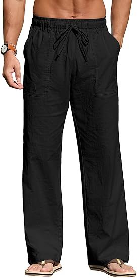 Herren nan leichte Leinenhose mit elastischem Bund, Kordelzug und aufgesetzten Taschen Echo Archiv