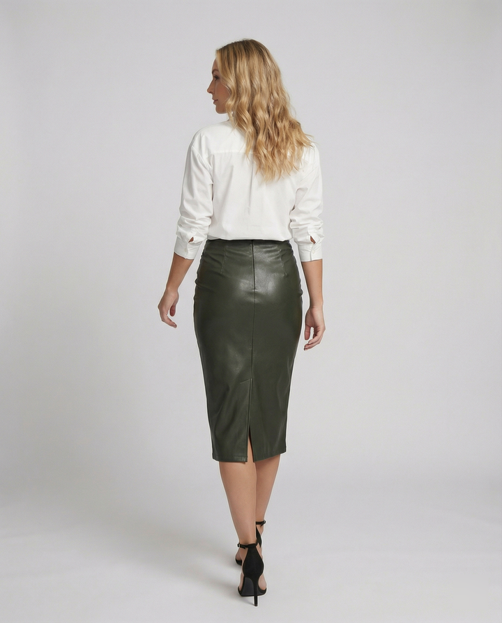 Damen Midi-Rock aus hochwertigem Leder mit Raffung – Rosévia