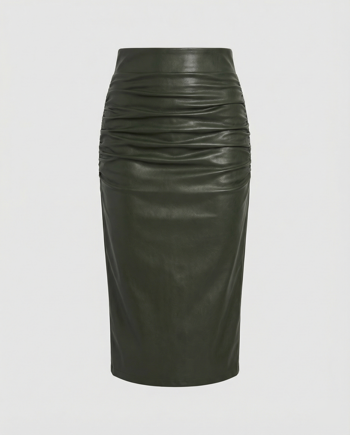 Damen Midi-Rock aus hochwertigem Leder mit Raffung – Rosévia