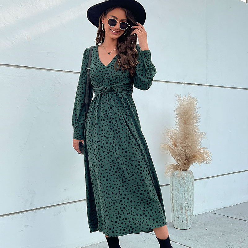 Damen Midikleid im Retro-Pünktchen-Design mit Wickeloptik, V-Ausschnitt und tailliertem Bindegürtel Echoarchiv