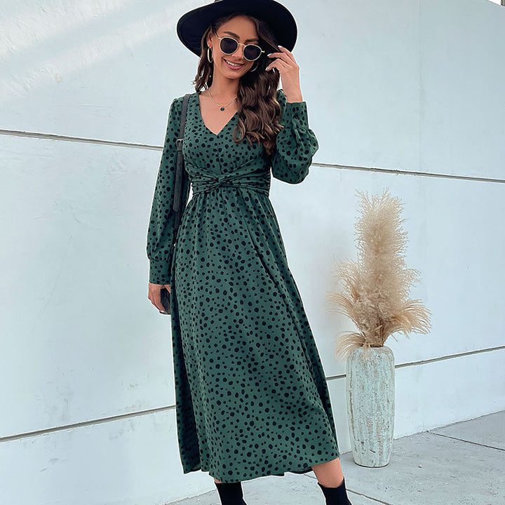 Damen Midikleid im Retro-Pünktchen-Design mit Wickeloptik, V-Ausschnitt und tailliertem Bindegürtel Echoarchiv
