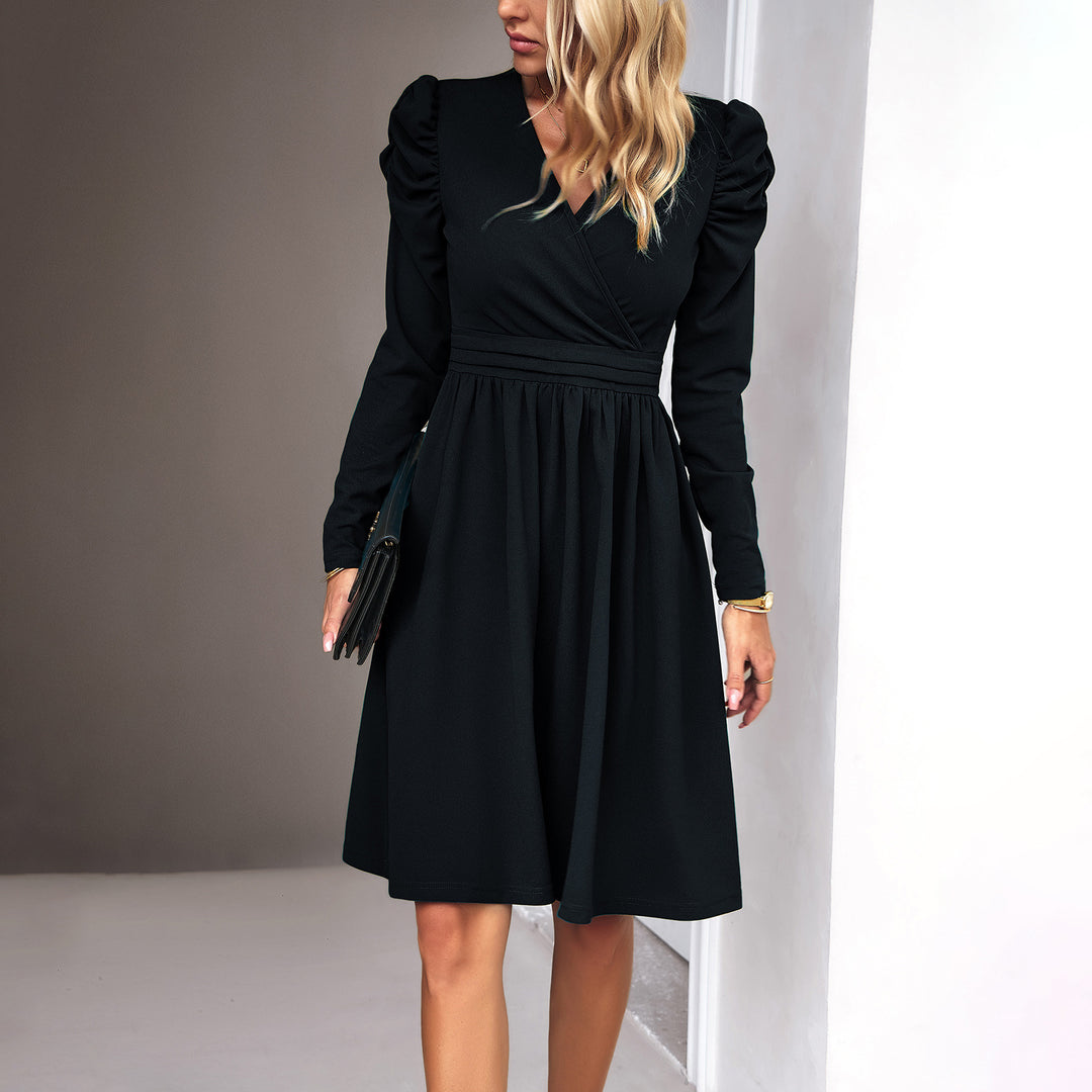 Damen Wickel-Midikleid mit Puffärmeln, betonter Taillenpasse und weit schwingendem Rock – Élara