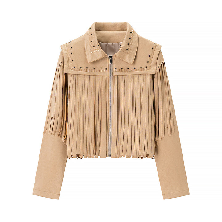 Damen Kurze Fransenjacke aus Wildlederoptik mit Reißverschluss und Nietenbesatz Echo Archiv