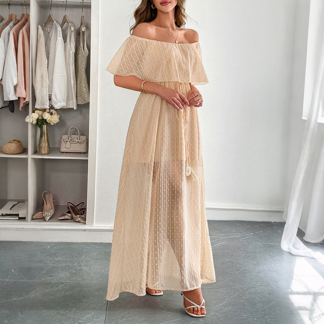 Damen Off-Shoulder Maxikleid mit feinem Punktedesign und Taillenbindung Echo Archiv
