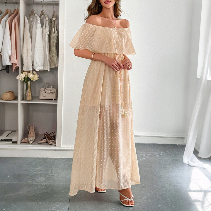 Damen Off-Shoulder Maxikleid mit feinem Punktedesign und Taillenbindung Echo Archiv