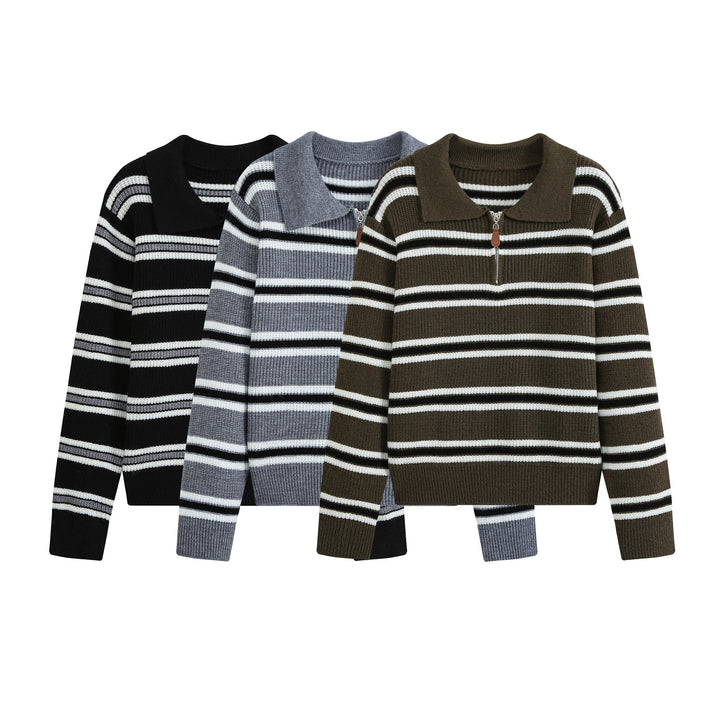 Damen Gestreifter Troyer-Pullover mit Reißverschluss und Polokragen Echo Archiv