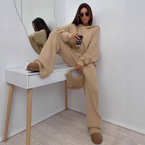 Damen Weiches Strick-Loungewear-Set mit Oversize-Pullover und weiter Palazzo-Hose – Mavelle