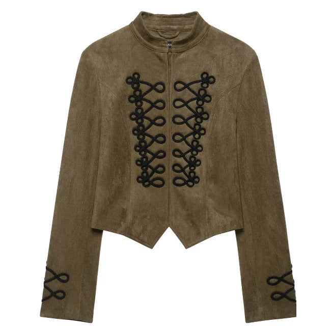 Damen Kurz geschnittene Wildlederjacke im Military‑Look mit Stehkragen und dekorativer Kordelfrosch‑Applikation Echo Archiv