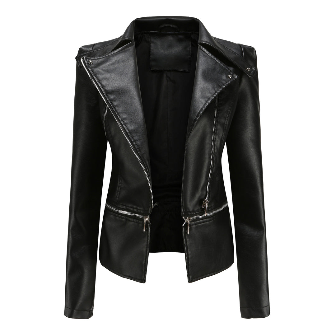 Damen nan taillierte Bikerjacke aus Kunstleder mit asymmetrischem Reißverschluss und Zier-Epauletten Echo Archiv
