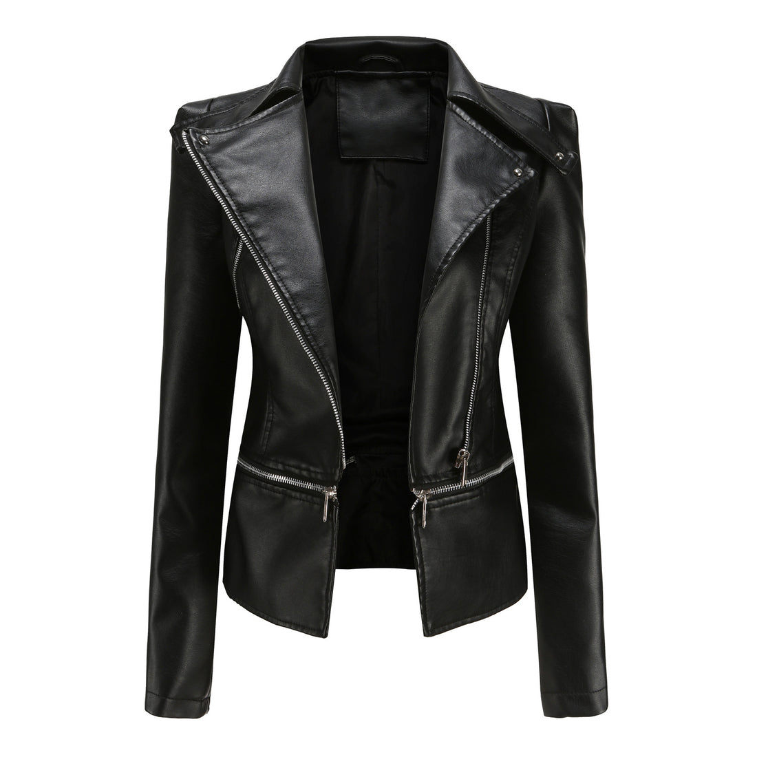 Damen taillierte Kunstleder-Bikerjacke mit asymmetrischem Reverskragen – Célinea