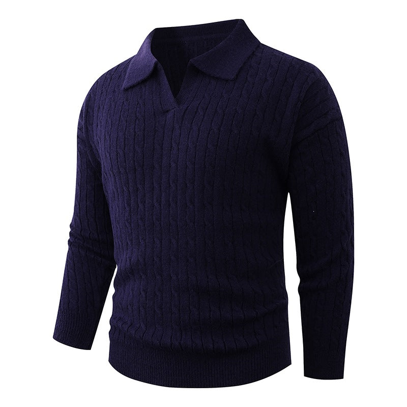 Herren Kabelstrick-Polo-Pullover mit V-Ausschnitt und Zopfmuster Echo Archiv
