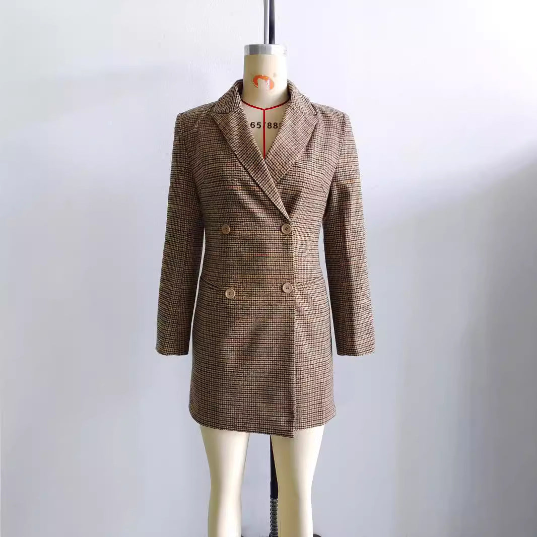 Damen nan taillierter zweireihiger Longblazer mit Glencheck-Struktur, Schalkragen und Pattentaschen Echo Archiv