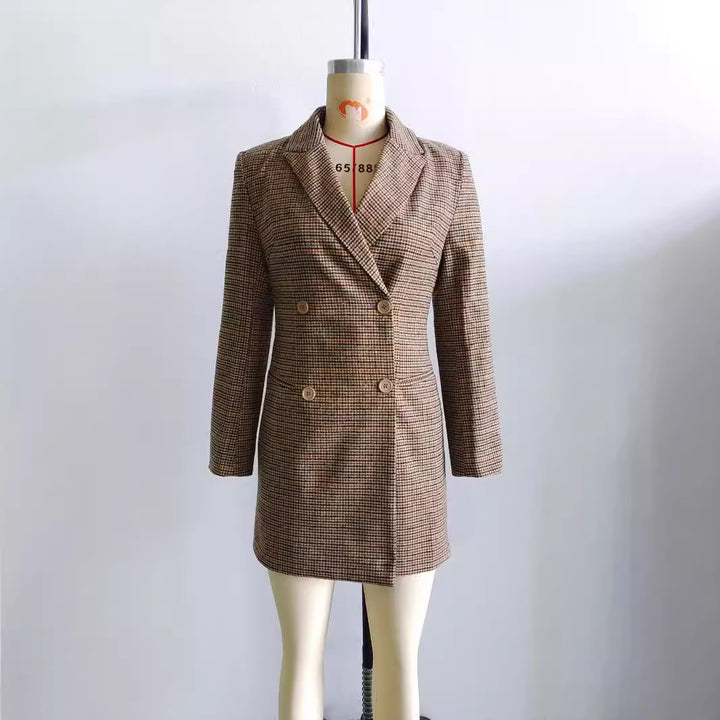 Damen nan taillierter zweireihiger Longblazer mit Glencheck-Struktur, Schalkragen und Pattentaschen Echo Archiv