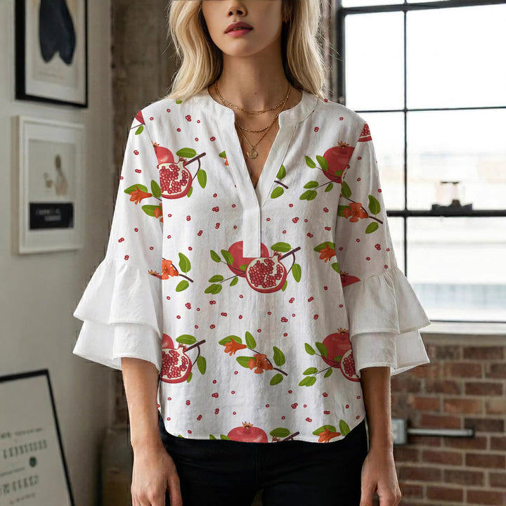 Damen Bluse mit voluminösen Rüschenärmeln und modernem Motiv Echo Archiv
