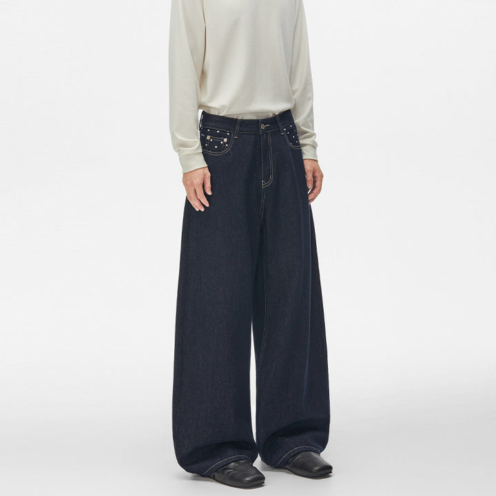 Unisex Ultraweite Palazzodenim-Hose mit Nietenbesetzten Eingrifftaschen und bodenlangem Saum Echo Archiv