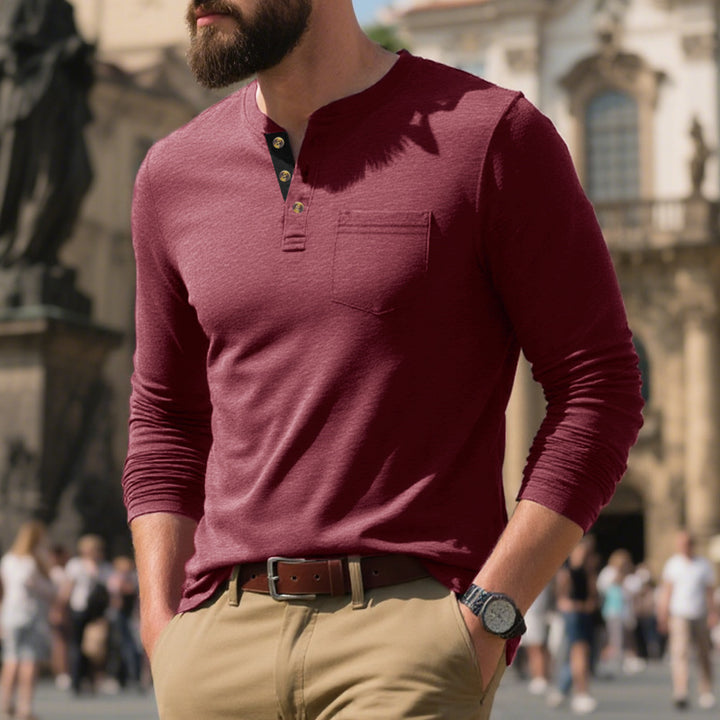 Herren Langarm-Henley-Shirt mit modischem Knopfdesign und praktischer Brusttasche Echoarchiv