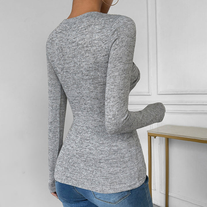 Damen Enganliegendes Langarm-Rippshirt mit Frontknoten und Rundhalsausschnitt Echoarchiv