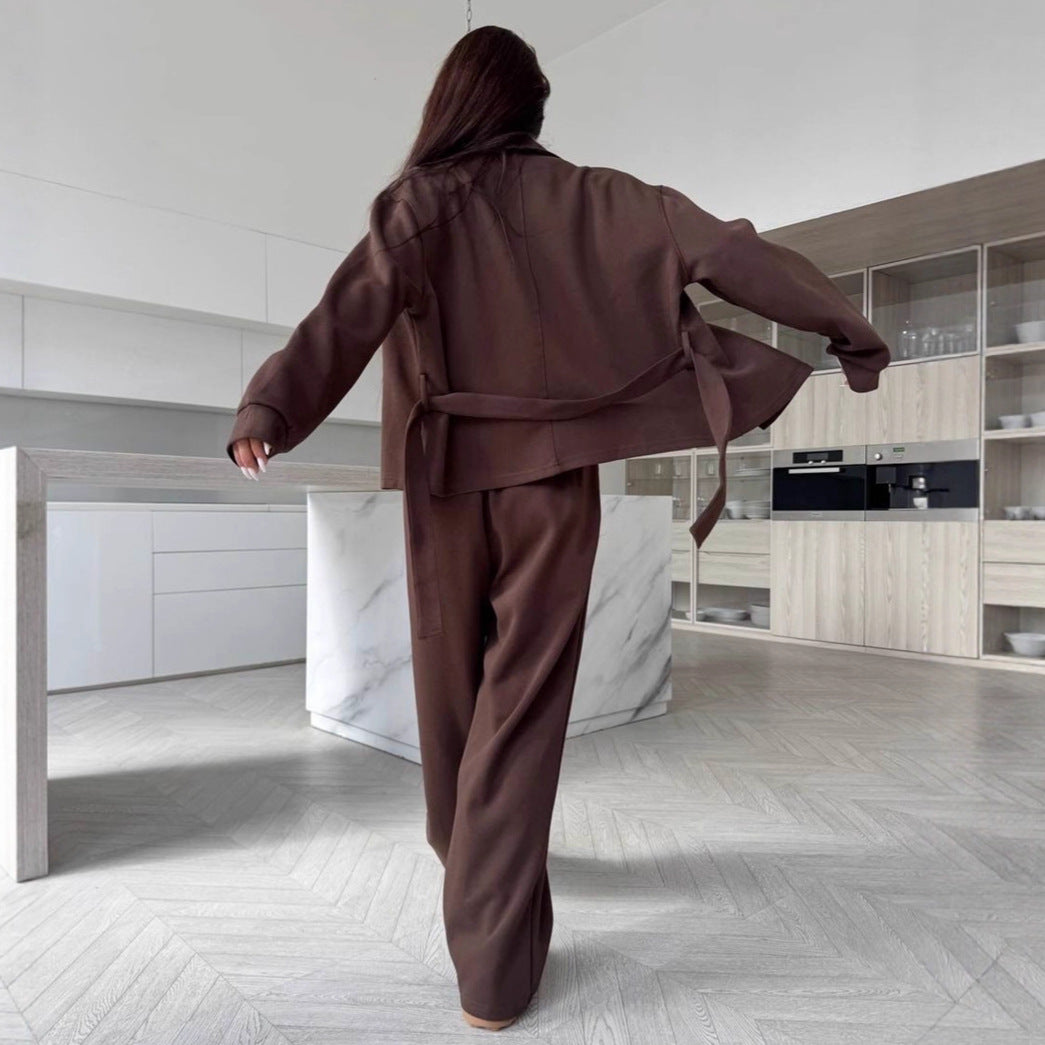 Damen Zweiteiliges Loungewear-Set mit tailliertem Blouson, Bindegürtel und weiter Palazzo-Hose – Élanora