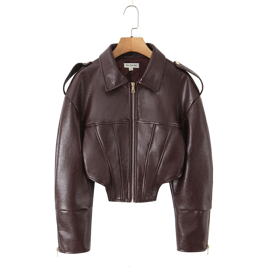 Damen Cropped-Lederjacke mit taillierter Korsett-Optik, Schulterriegeln und Reißverschluss Echo Archiv