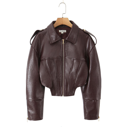 Damen Cropped-Lederjacke mit taillierter Korsett-Optik, Schulterriegeln und Reißverschluss Echo Archiv