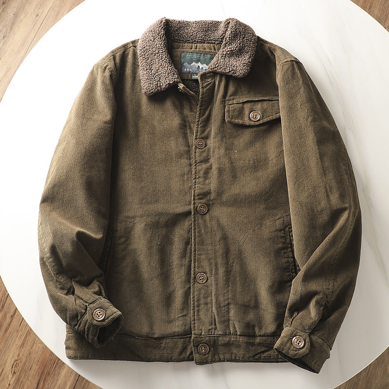 Herren nan gefütterte Cordjacke mit Teddykragen, Knopfleiste und aufgesetzten Taschen Echo Archiv