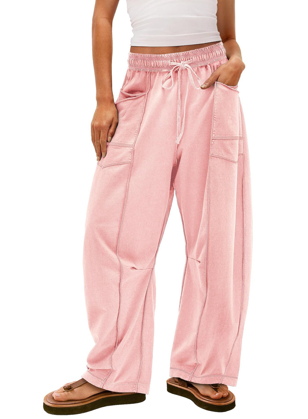 Damen weite Cargo-Loungehose mit elastischem Bund und Kontrastnähten – Avérine