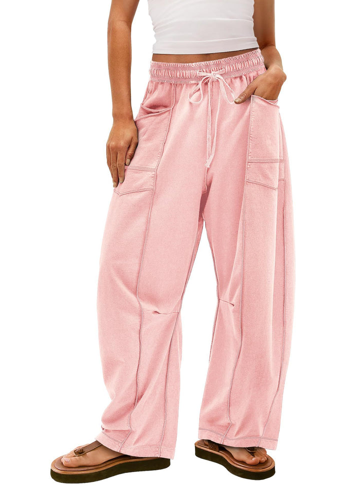 Damen weite Cargo-Loungehose mit elastischem Bund und Kontrastnähten – Avérine