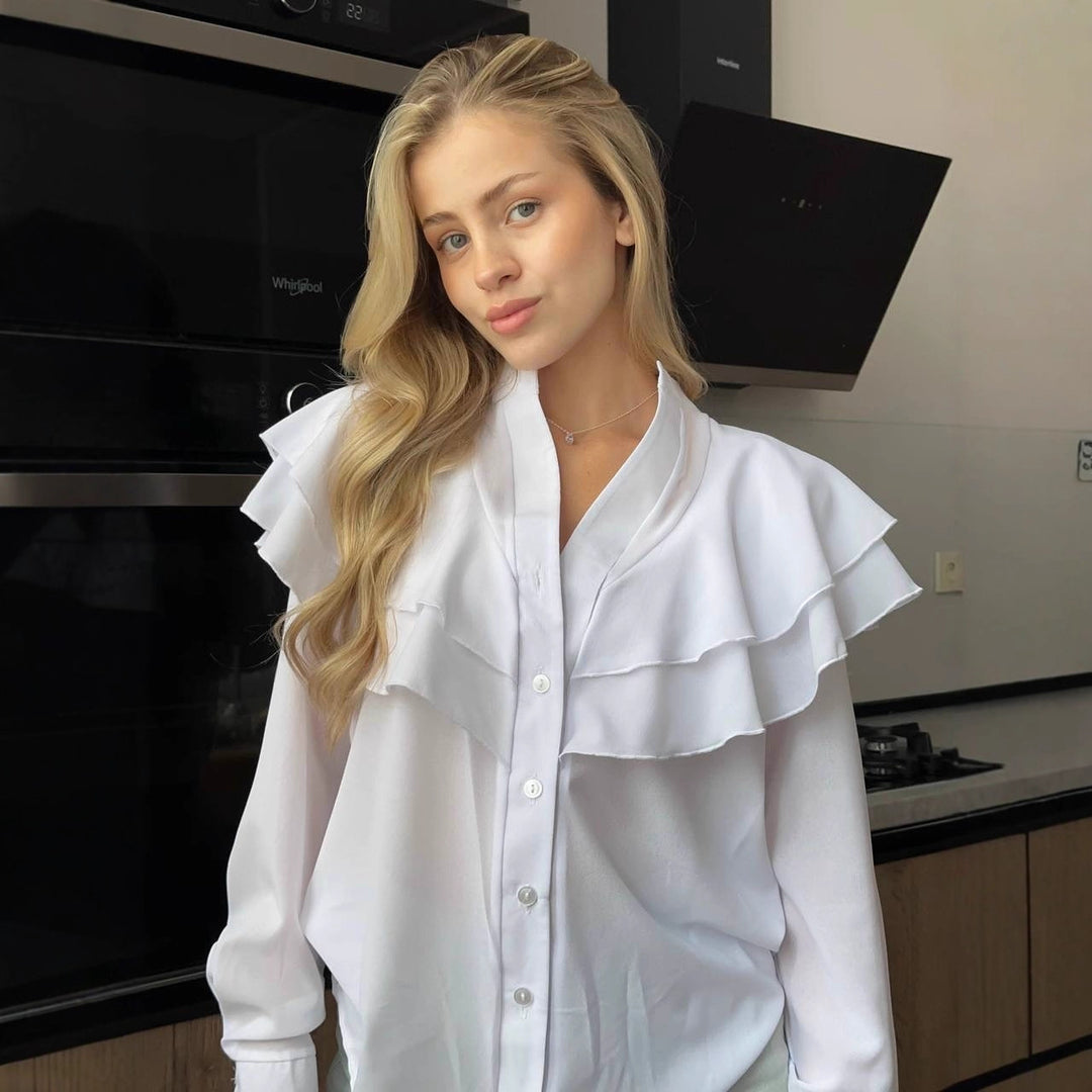 Damen Chiffon-Bluse mit mehrlagiger Volant-Rüsche und Perlmuttknöpfen Echoarchiv