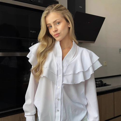 Damen Chiffon-Bluse mit mehrlagiger Volant-Rüsche und Perlmuttknöpfen Echoarchiv