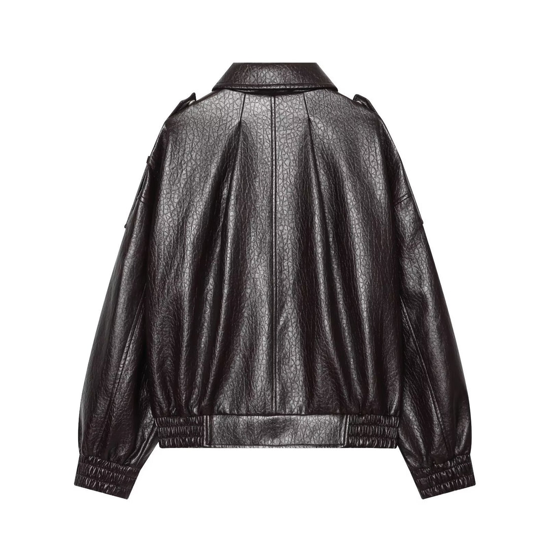 Damen Oversized Kunstleder-Bomberjacke mit Schulterklappen und gerafftem Saum Echo Archiv