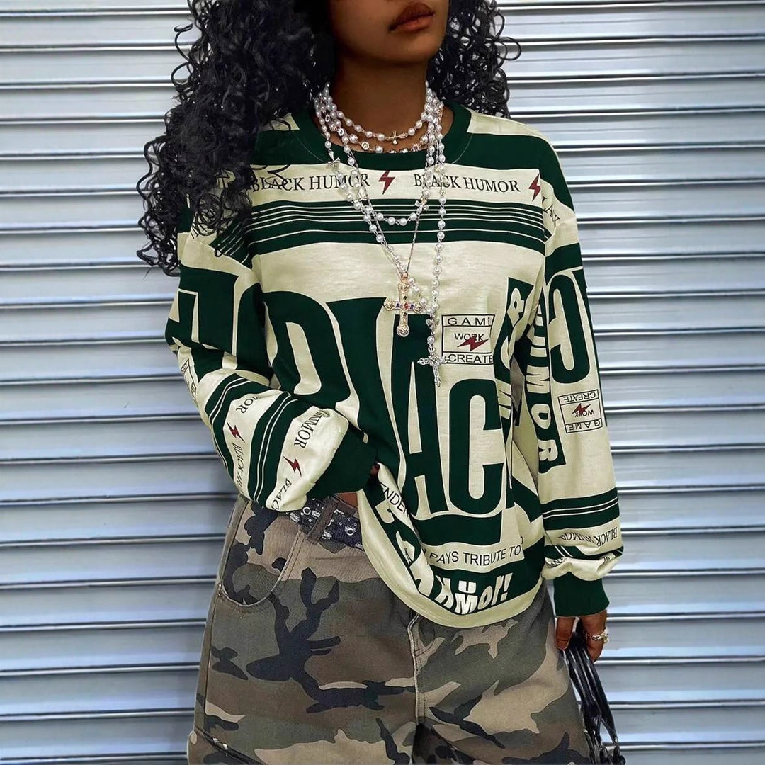 Damen Oversize‑Longsleeve Sweatshirt mit Allover‑Grafik, Rundhalsausschnitt und gerippten Bündchen – Avérine