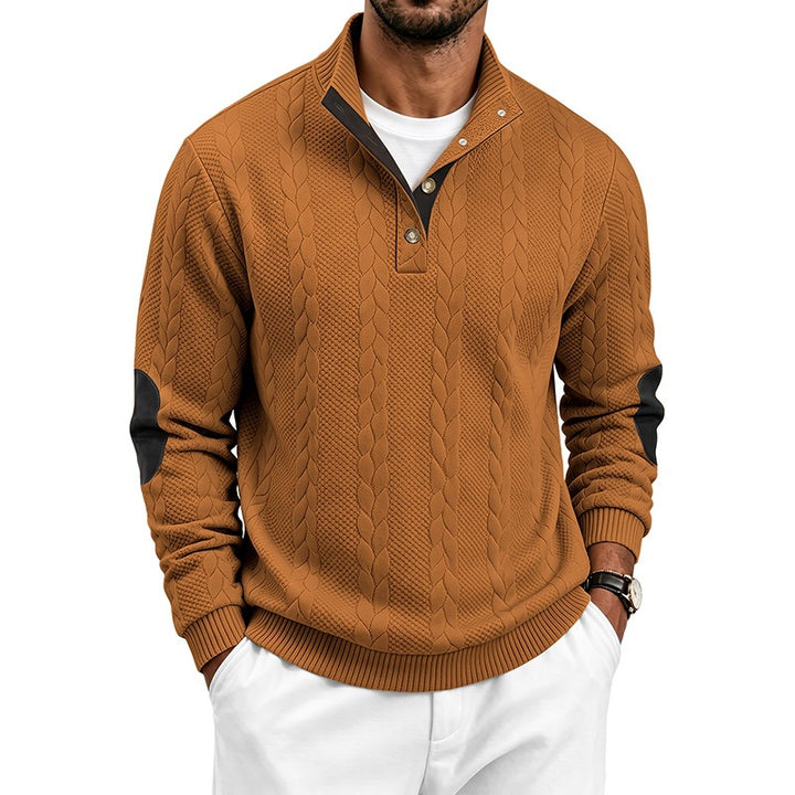 Herren Strickpullover mit Zopfmuster, Stehkragen und Ellenbogen‑Patches Echoarchiv