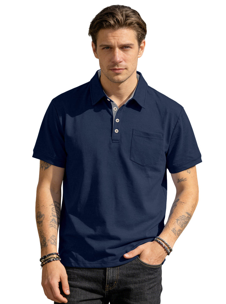 Herren nan Kurzarm-Polokragen-Shirt aus texturiertem Jersey mit Brusttasche und kontrastierter Knopfleiste Echo Archiv