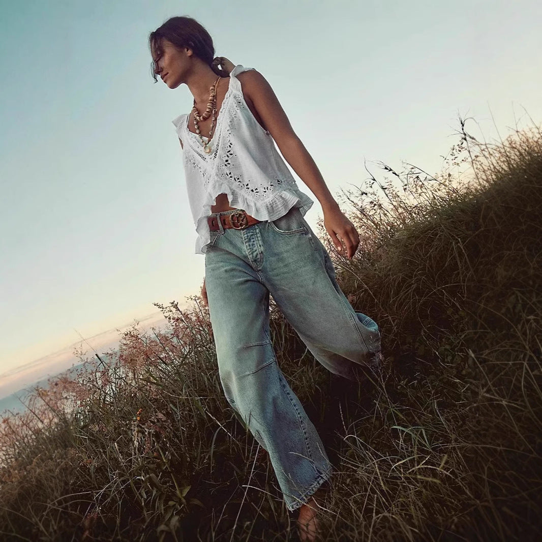 Damen luftiger Leinen-Crop-Top mit Rüschen Echo Archiv
