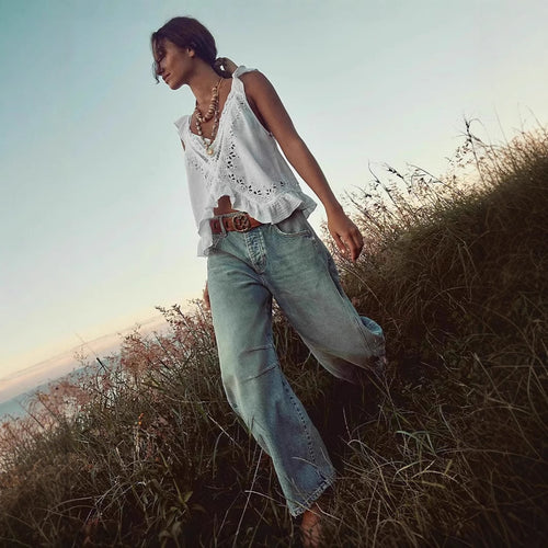 Damen luftiger Leinen-Crop-Top mit Rüschen Echo Archiv